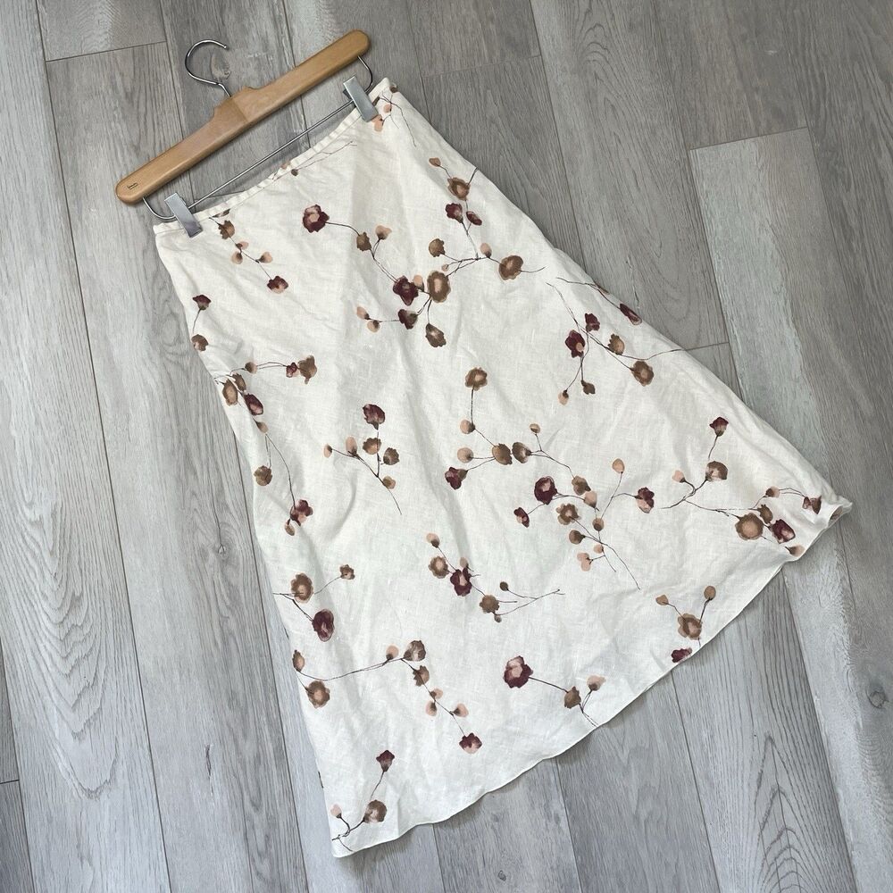 Zara Linen Skirt flax floral midi womens Cream (size 4) feminine contemporary